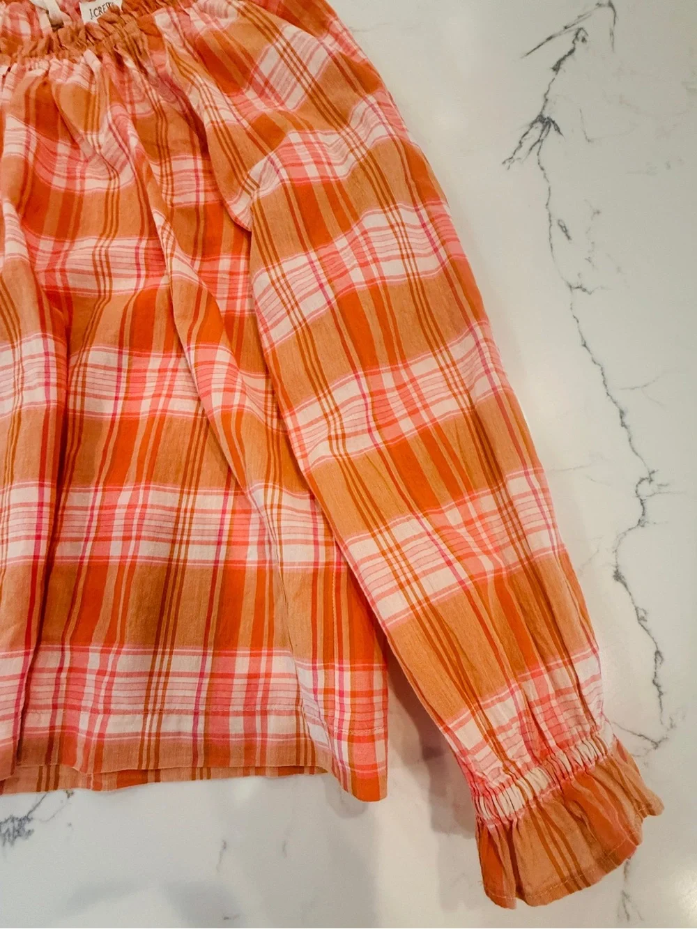J. Crew Orange and White Plaid Blouse with ribbon tie-back size S